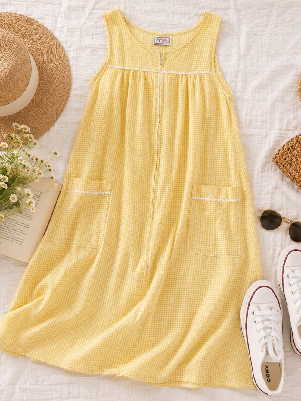 Vintage Yellow Gingham Seersucker Dress Cottagecore Prairie Summer Midi